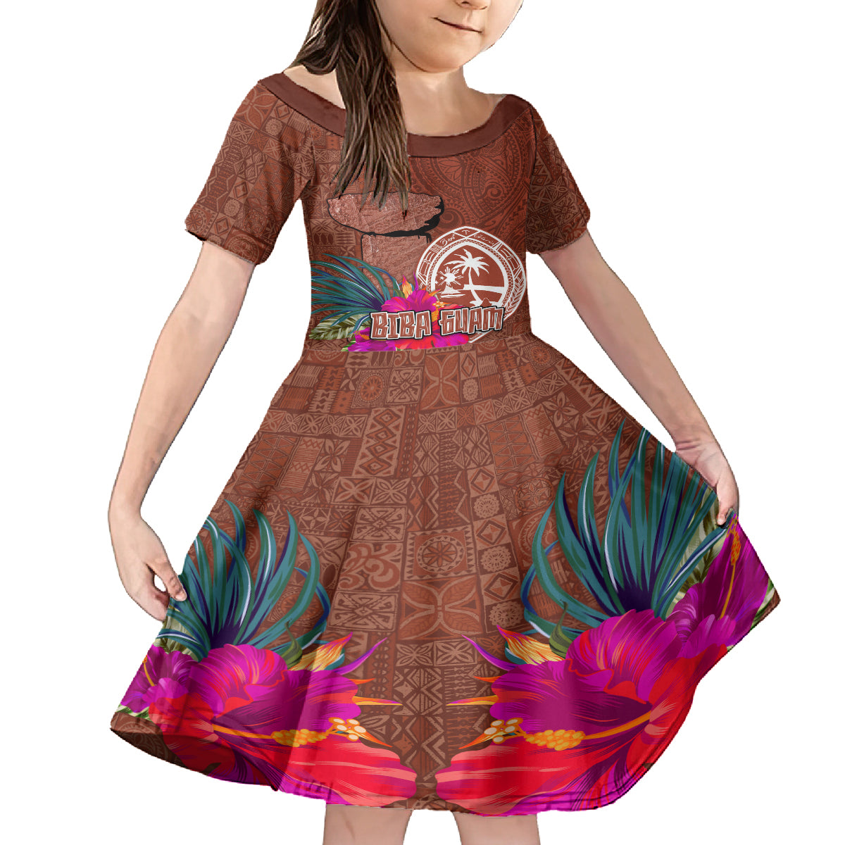 Chamorro Biba Guam Family Matching Tank Maxi Dress and Hawaiian Shirt Latte Stone Tribal and Hibiscus Flower Tapa Pattern