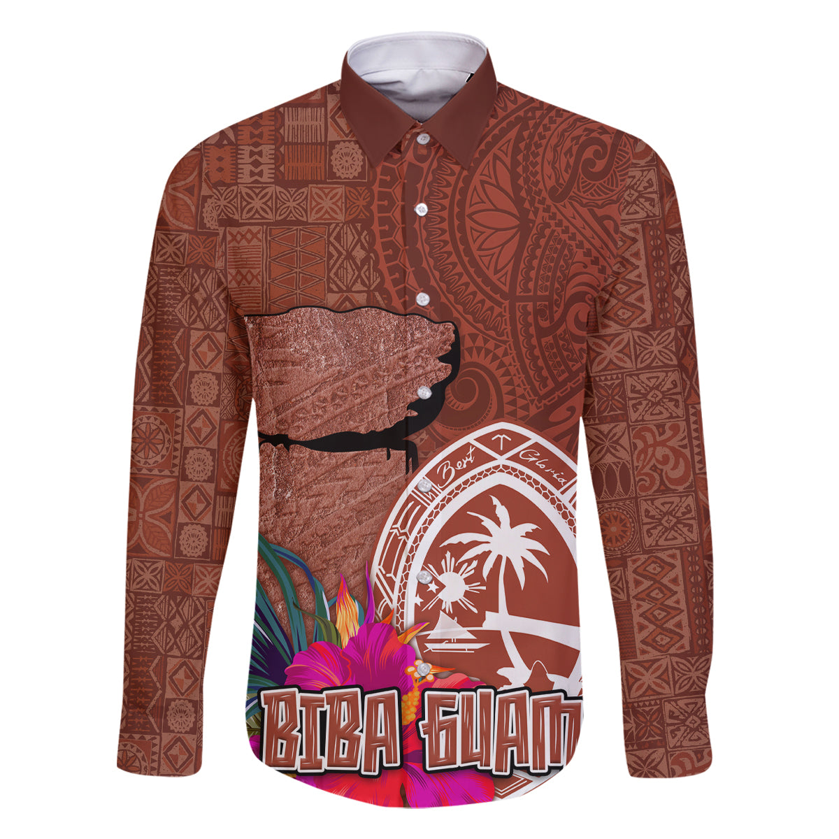 Chamorro Biba Guam Family Matching Tank Maxi Dress and Hawaiian Shirt Latte Stone Tribal and Hibiscus Flower Tapa Pattern