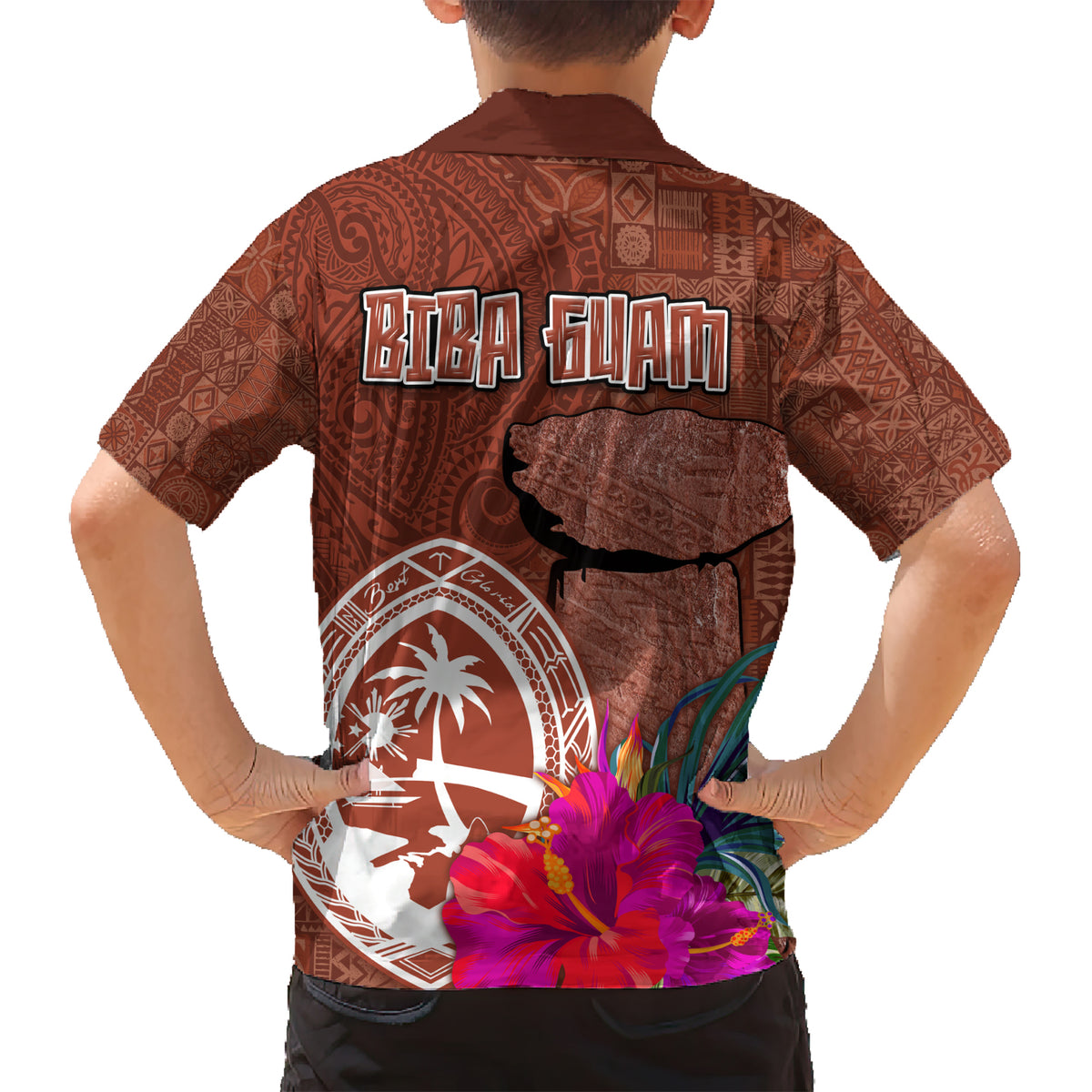 Chamorro Biba Guam Kid Hawaiian Shirt Latte Stone Tribal and Hibiscus Flower Tapa Pattern LT03 - Polynesian Pride