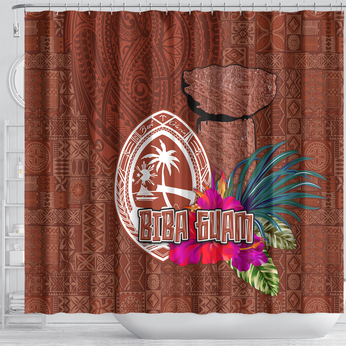 Chamorro Biba Guam Shower Curtain Latte Stone Tribal and Hibiscus Flower Tapa Pattern