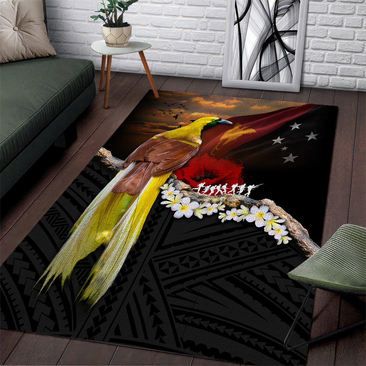Papua New Guinea Remembrance Day Area Rug Bird of Paradise Plumeria Flower and Polynesian Pattern
