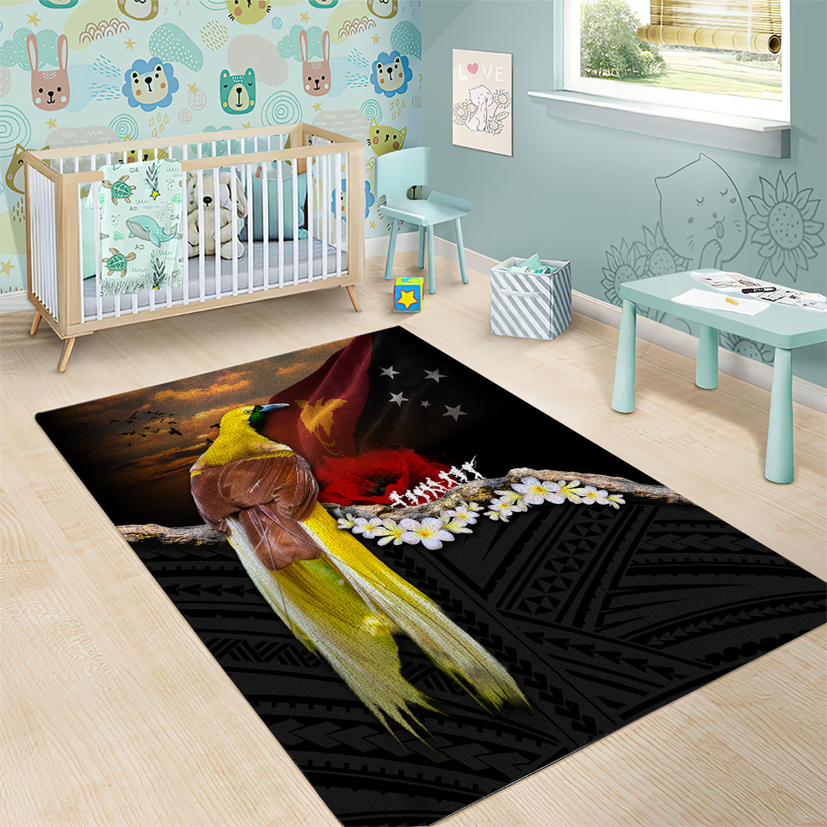 Papua New Guinea Remembrance Day Area Rug Bird of Paradise Plumeria Flower and Polynesian Pattern