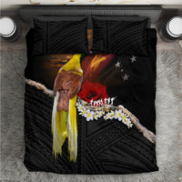 Papua New Guinea Remembrance Day Bedding Set Bird of Paradise Plumeria Flower and Polynesian Pattern LT03 Black - Polynesian Pride