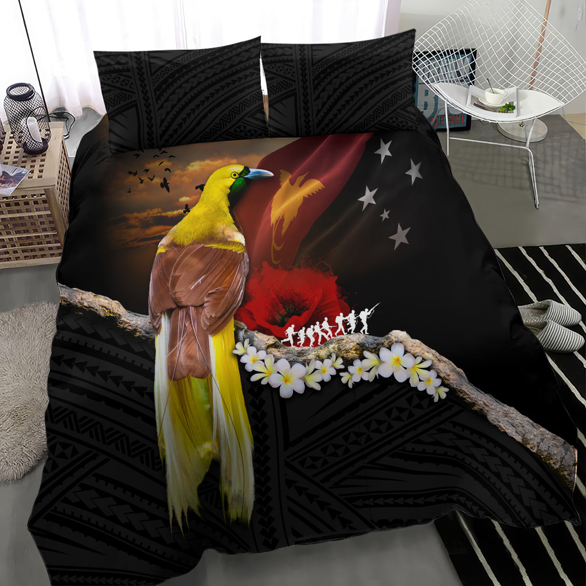 Papua New Guinea Remembrance Day Bedding Set Bird of Paradise Plumeria Flower and Polynesian Pattern LT03 - Polynesian Pride