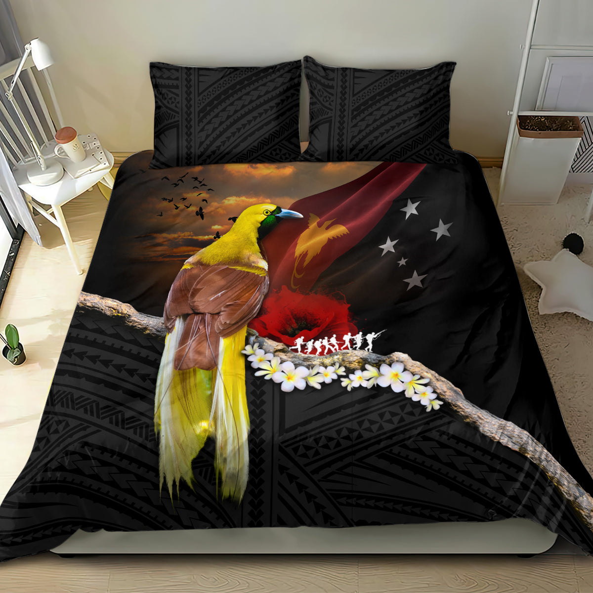 Papua New Guinea Remembrance Day Bedding Set Bird of Paradise Plumeria Flower and Polynesian Pattern LT03 - Polynesian Pride