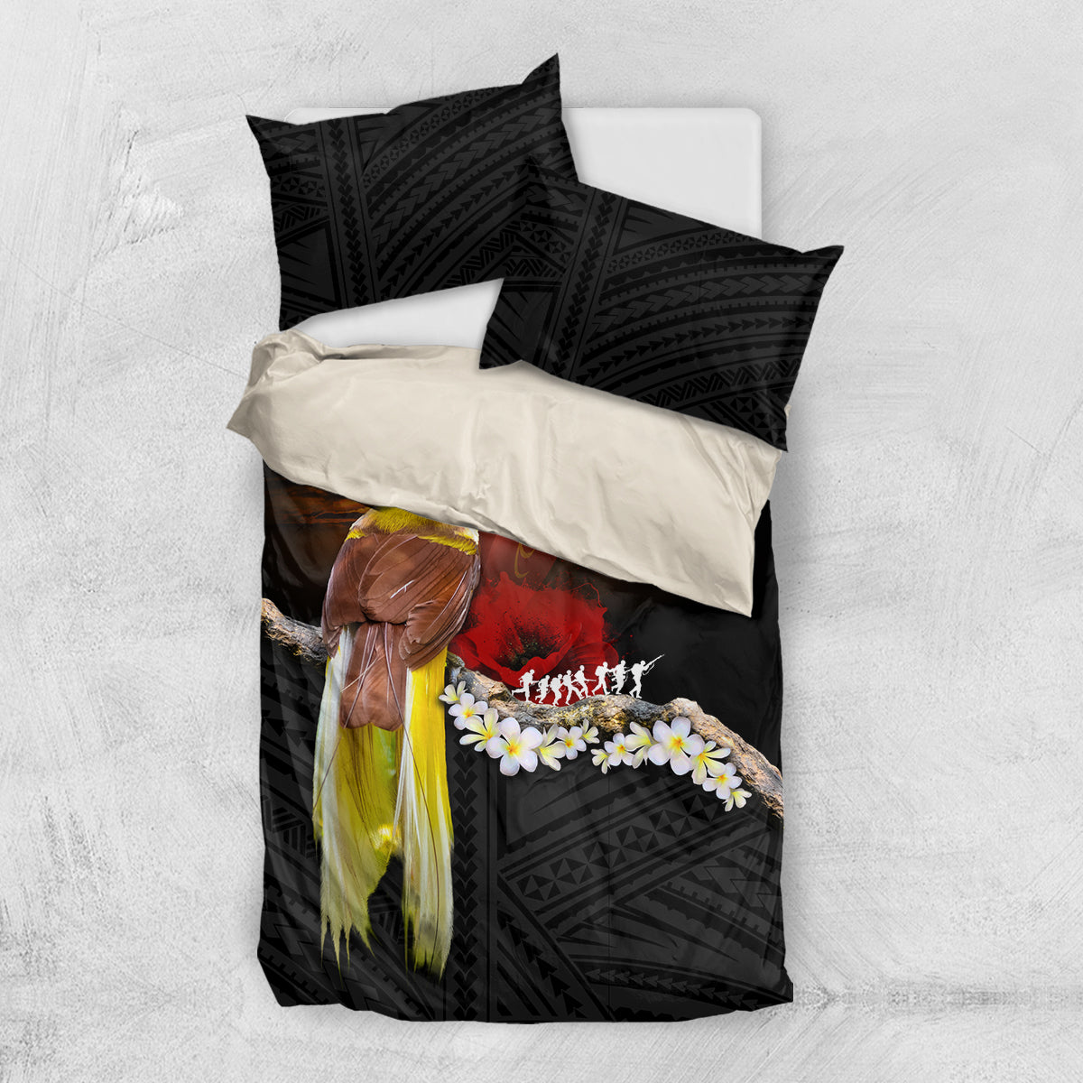 Papua New Guinea Remembrance Day Bedding Set Bird of Paradise Plumeria Flower and Polynesian Pattern LT03 US Twin 172cm x 218cm Black - Polynesian Pride