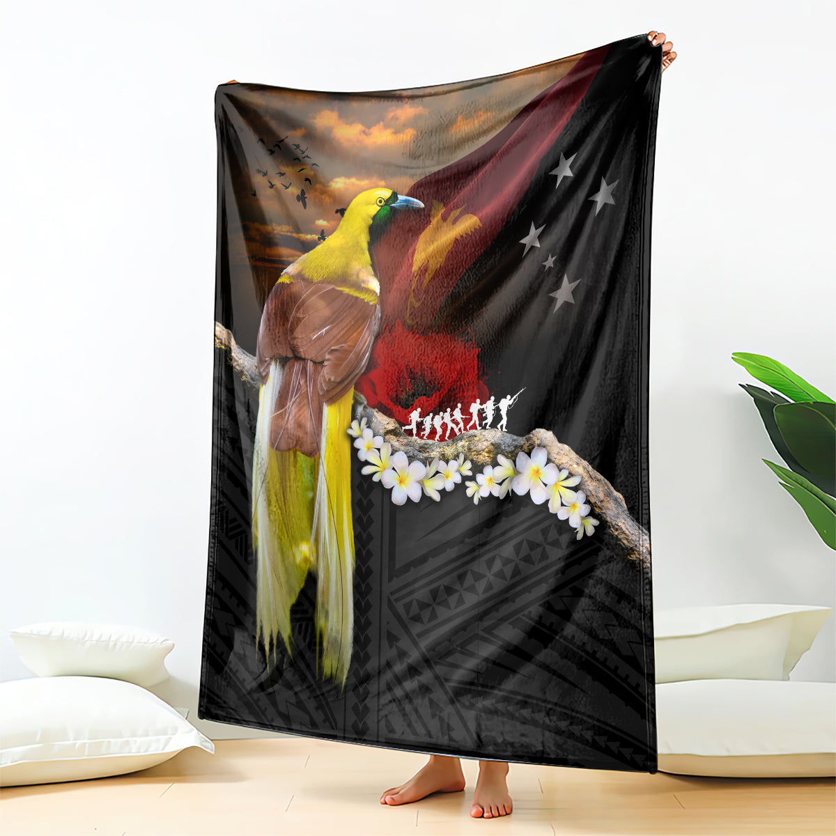 Papua New Guinea Remembrance Day Blanket Bird of Paradise Plumeria Flower and Polynesian Pattern