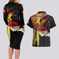 Papua New Guinea Remembrance Day Couples Matching Long Sleeve Bodycon Dress and Hawaiian Shirt Bird of Paradise Plumeria Flower and Polynesian Pattern