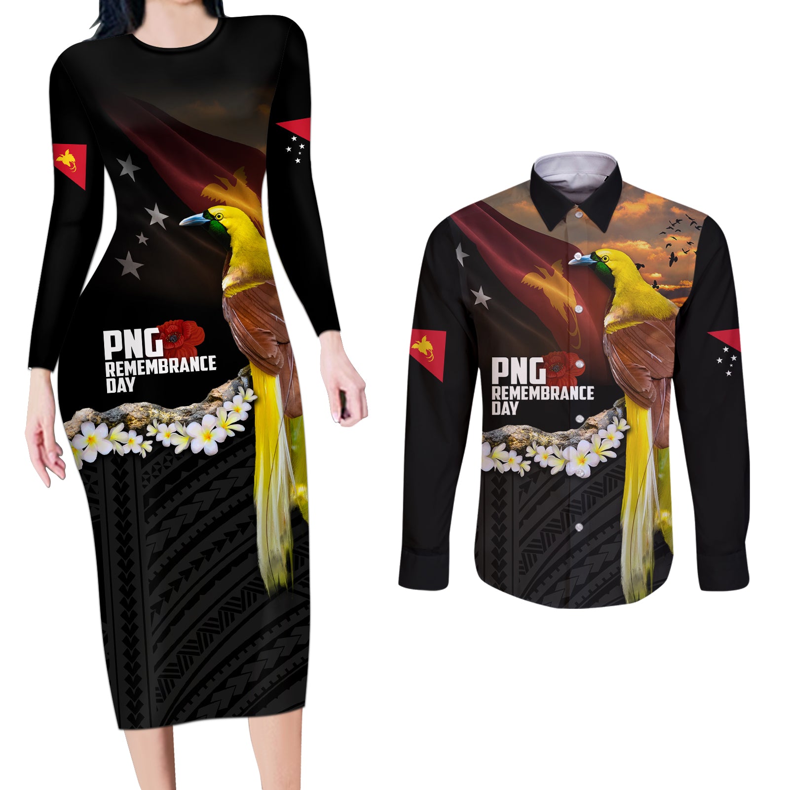 Papua New Guinea Remembrance Day Couples Matching Long Sleeve Bodycon Dress and Long Sleeve Button Shirt Bird of Paradise Plumeria Flower and Polynesian Pattern