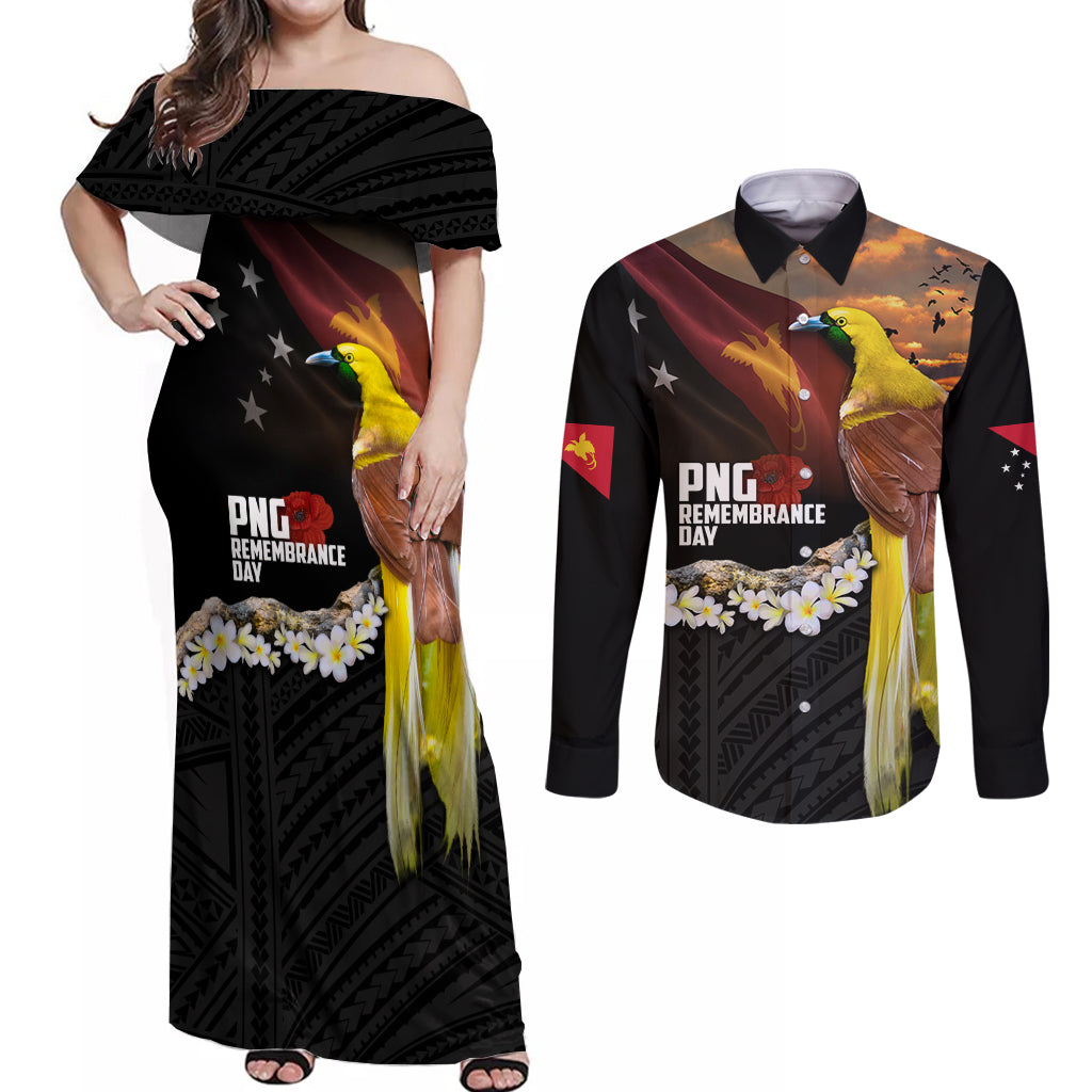 Papua New Guinea Remembrance Day Couples Matching Off Shoulder Maxi Dress and Long Sleeve Button Shirt Bird of Paradise Plumeria Flower and Polynesian Pattern