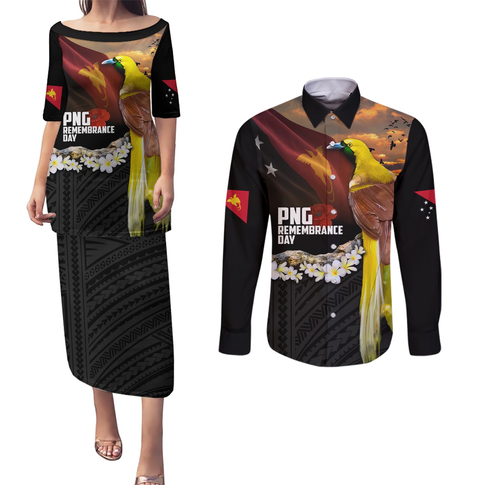 Papua New Guinea Remembrance Day Couples Matching Puletasi and Long Sleeve Button Shirt Bird of Paradise Plumeria Flower and Polynesian Pattern