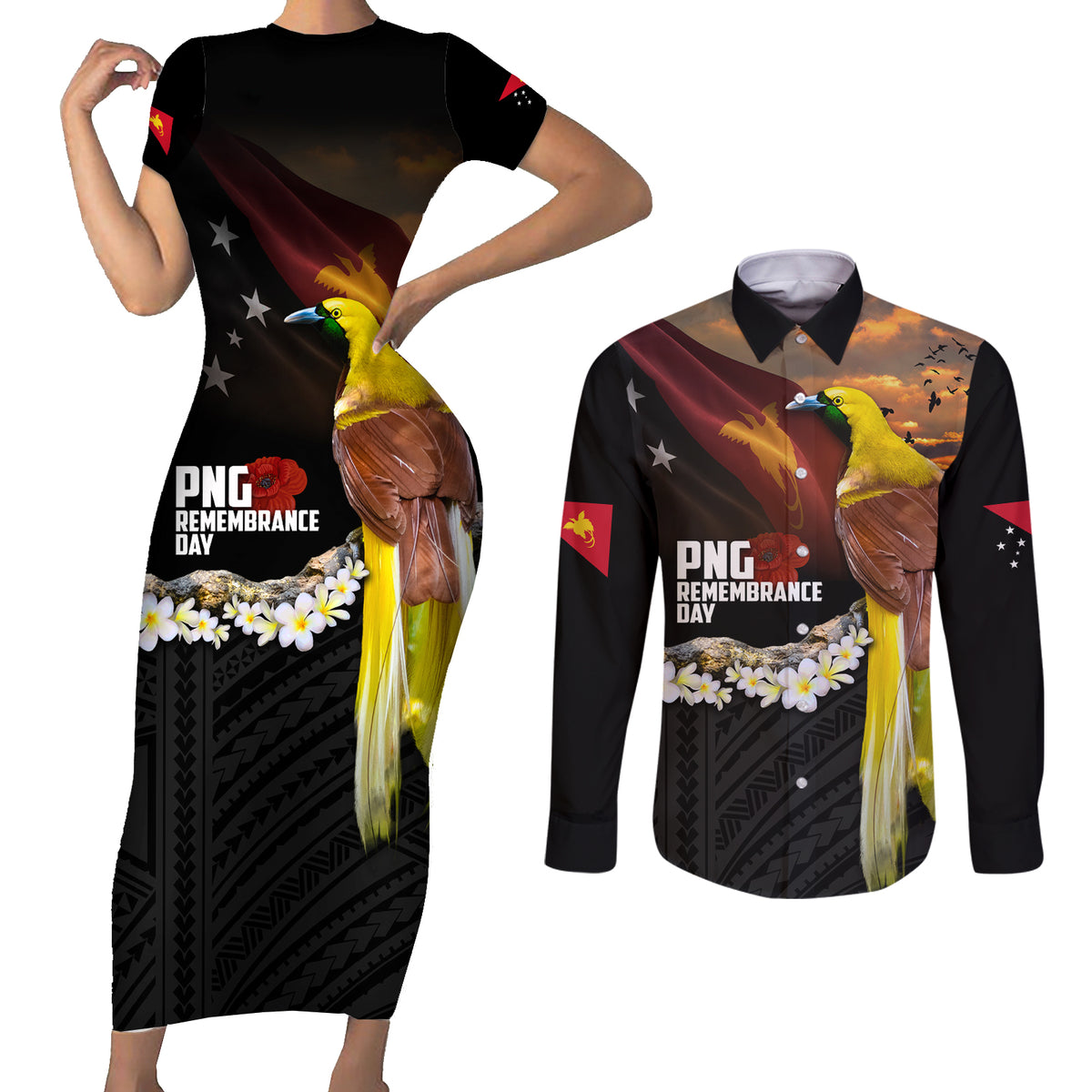 Papua New Guinea Remembrance Day Couples Matching Short Sleeve Bodycon Dress and Long Sleeve Button Shirt Bird of Paradise Plumeria Flower and Polynesian Pattern