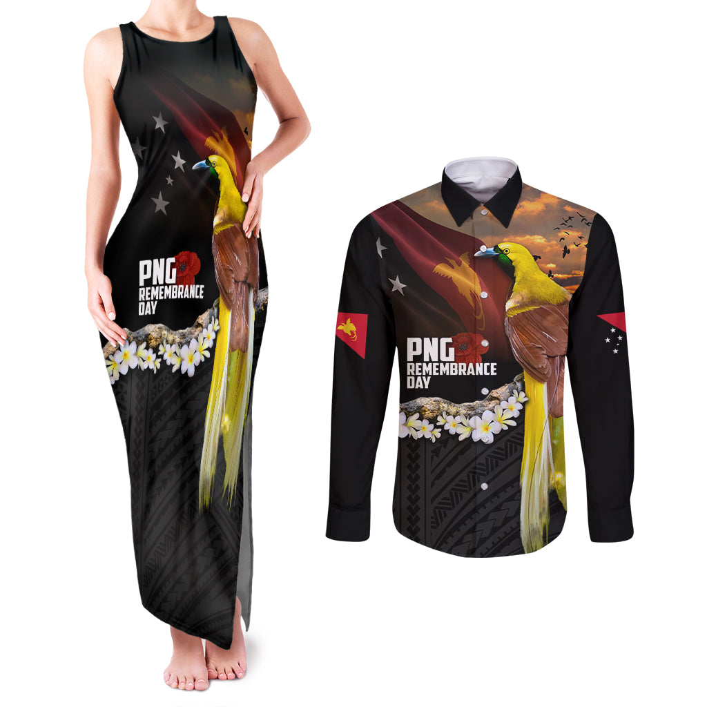 Papua New Guinea Remembrance Day Couples Matching Tank Maxi Dress and Long Sleeve Button Shirt Bird of Paradise Plumeria Flower and Polynesian Pattern