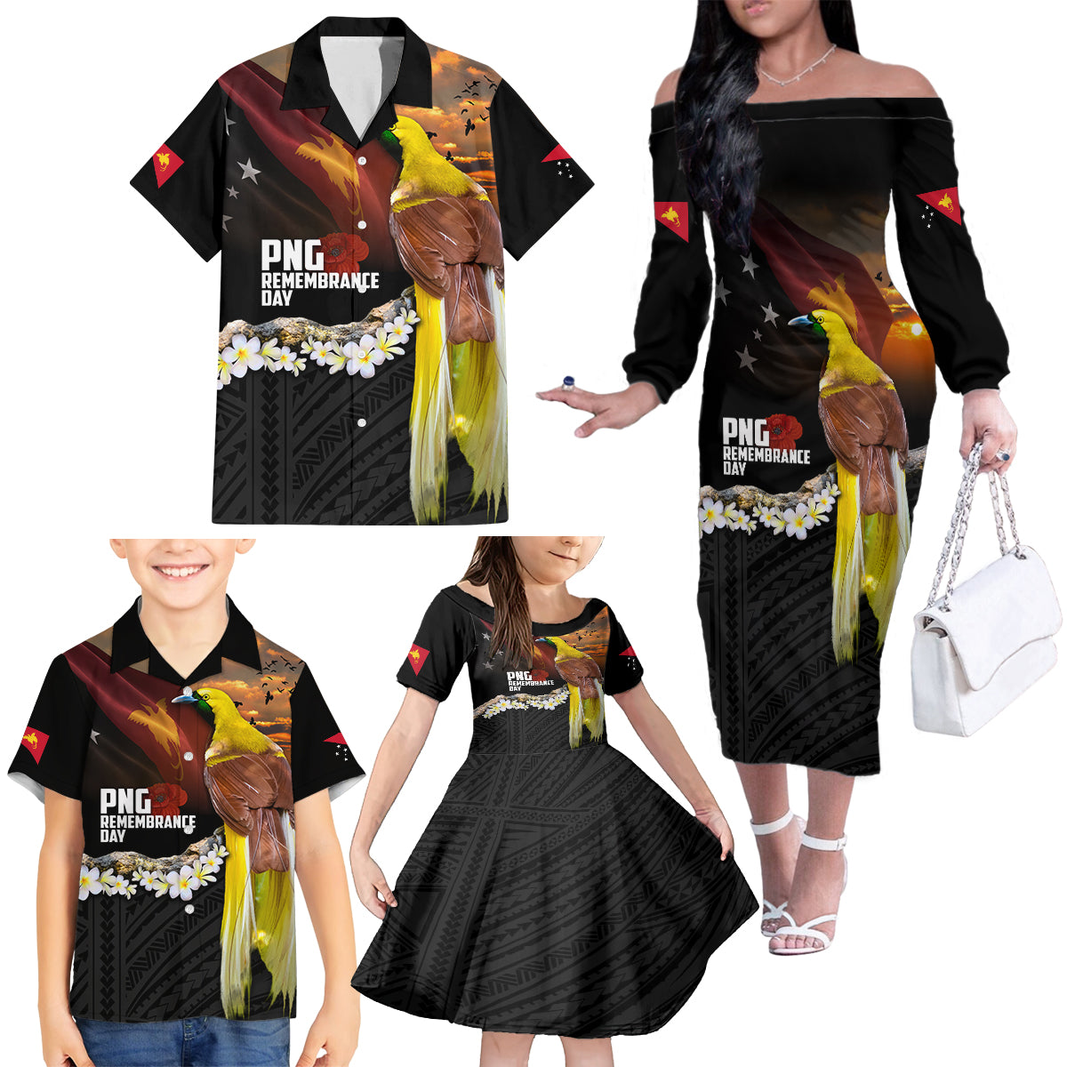 Papua New Guinea Remembrance Day Family Matching Off The Shoulder Long Sleeve Dress and Hawaiian Shirt Bird of Paradise Plumeria Flower and Polynesian Pattern