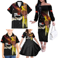 Papua New Guinea Remembrance Day Family Matching Off The Shoulder Long Sleeve Dress and Hawaiian Shirt Bird of Paradise Plumeria Flower and Polynesian Pattern