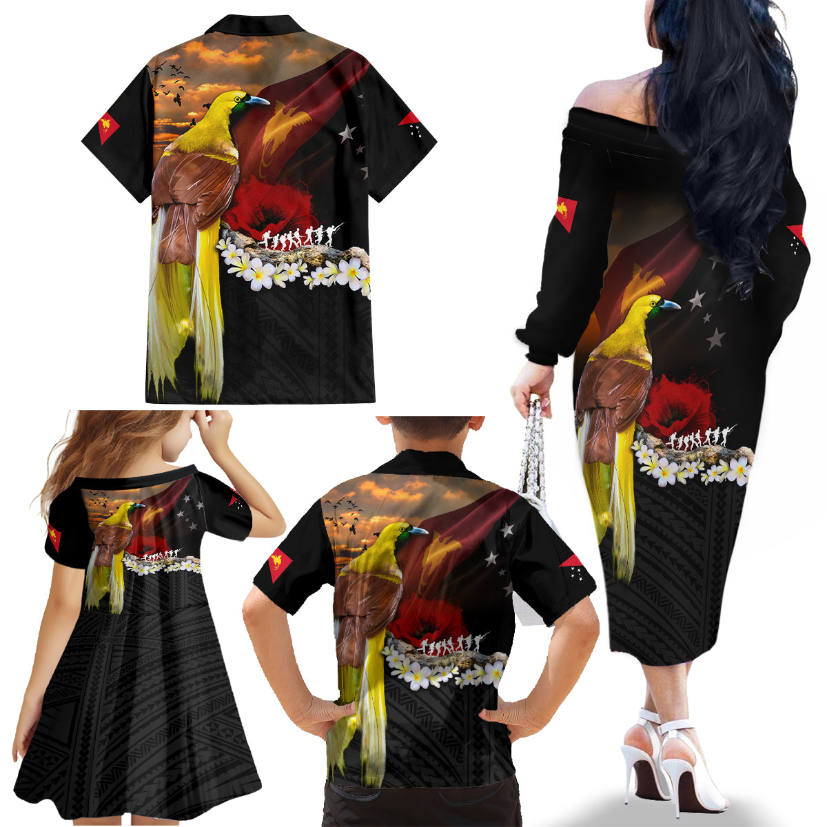 Papua New Guinea Remembrance Day Family Matching Off The Shoulder Long Sleeve Dress and Hawaiian Shirt Bird of Paradise Plumeria Flower and Polynesian Pattern