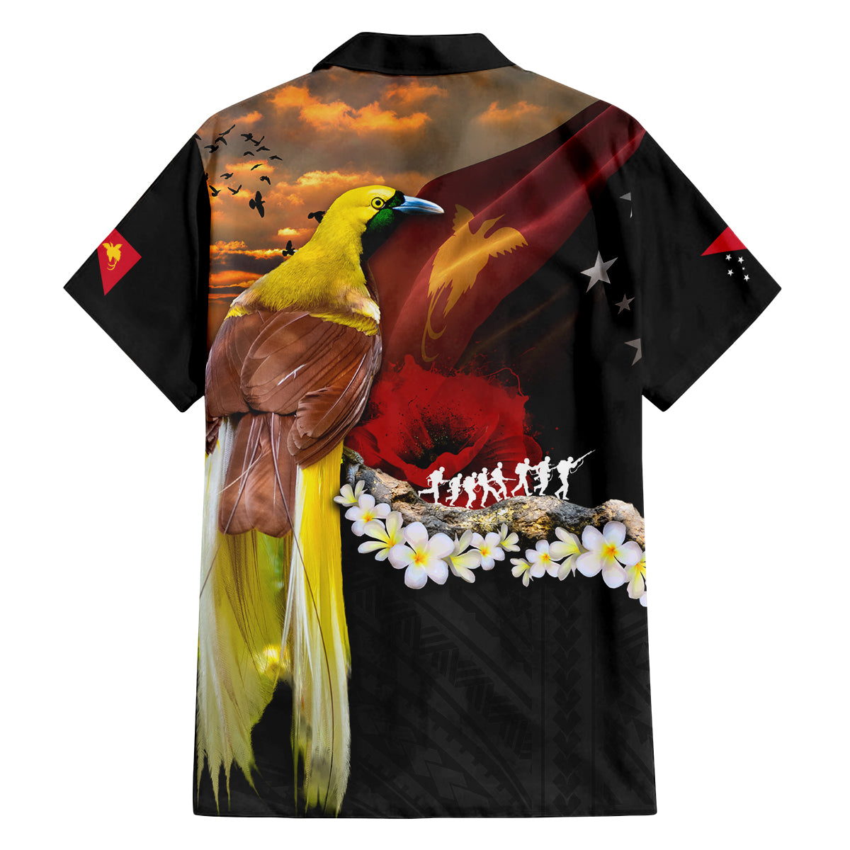 Papua New Guinea Remembrance Day Family Matching Off The Shoulder Long Sleeve Dress and Hawaiian Shirt Bird of Paradise Plumeria Flower and Polynesian Pattern