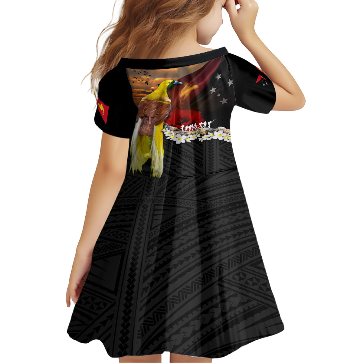 Papua New Guinea Remembrance Day Family Matching Short Sleeve Bodycon Dress and Hawaiian Shirt Bird of Paradise Plumeria Flower and Polynesian Pattern