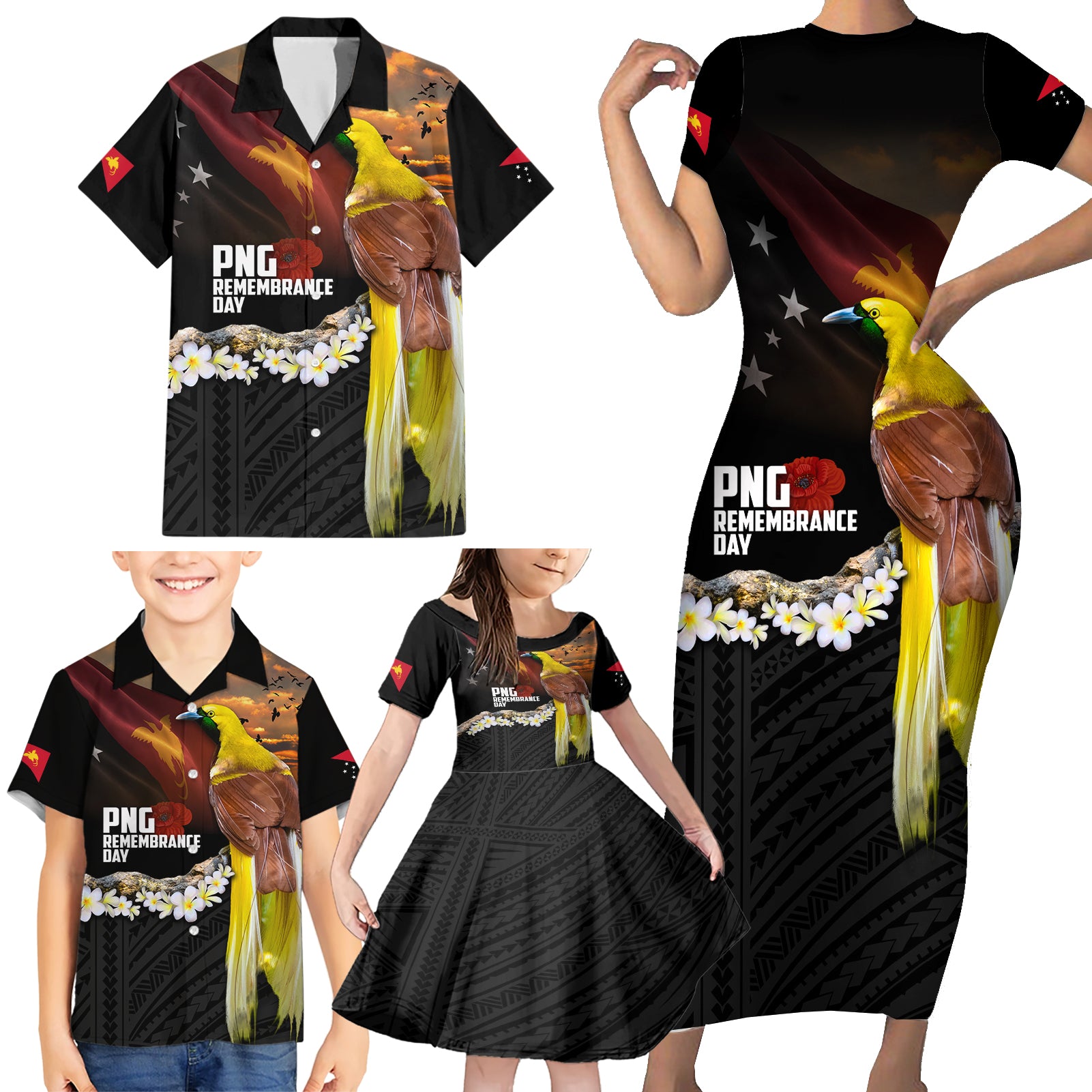 Papua New Guinea Remembrance Day Family Matching Short Sleeve Bodycon Dress and Hawaiian Shirt Bird of Paradise Plumeria Flower and Polynesian Pattern