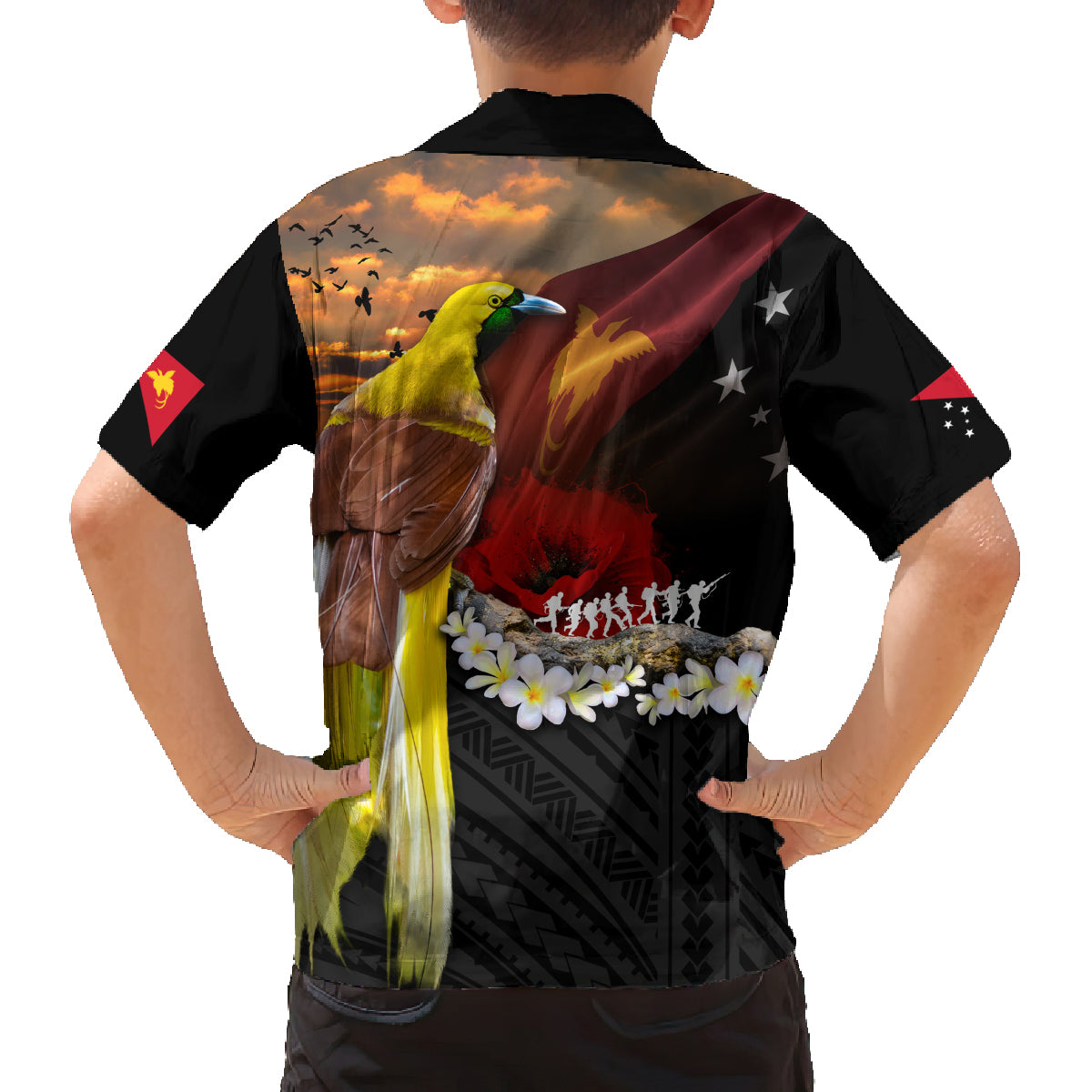 Papua New Guinea Remembrance Day Family Matching Tank Maxi Dress and Hawaiian Shirt Bird of Paradise Plumeria Flower and Polynesian Pattern