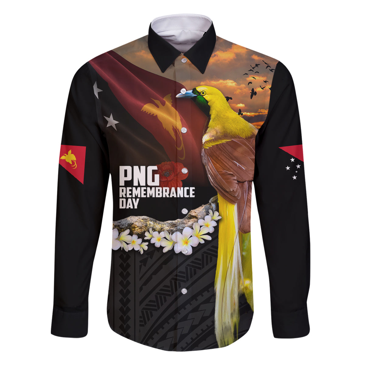 Papua New Guinea Remembrance Day Family Matching Tank Maxi Dress and Hawaiian Shirt Bird of Paradise Plumeria Flower and Polynesian Pattern