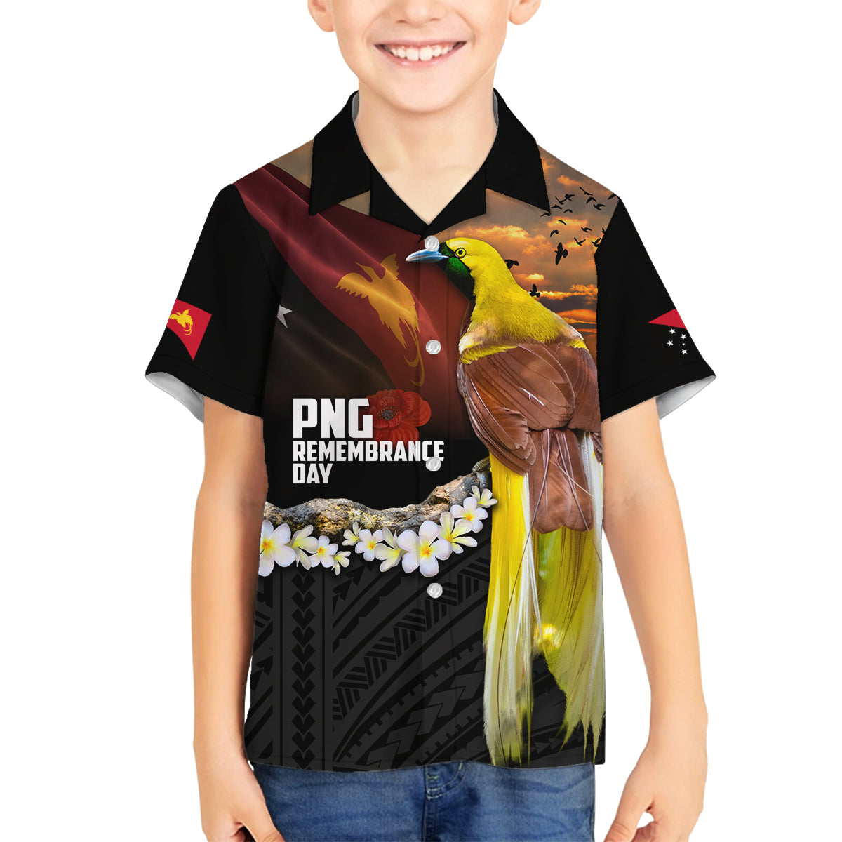 Papua New Guinea Remembrance Day Family Matching Tank Maxi Dress and Hawaiian Shirt Bird of Paradise Plumeria Flower and Polynesian Pattern