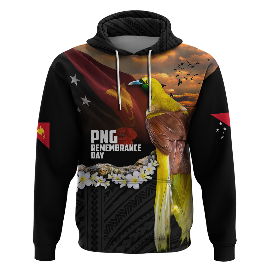 Papua New Guinea Remembrance Day Hoodie Bird of Paradise Plumeria Flower and Polynesian Pattern LT03 Pullover Hoodie Black - Polynesian Pride