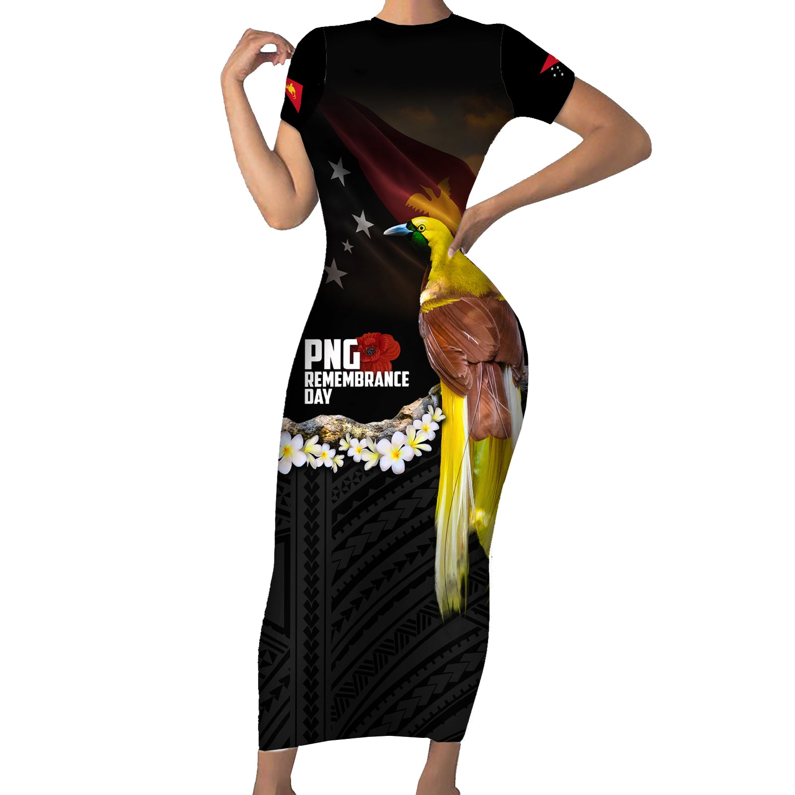 Papua New Guinea Remembrance Day Short Sleeve Bodycon Dress Bird of Paradise Plumeria Flower and Polynesian Pattern