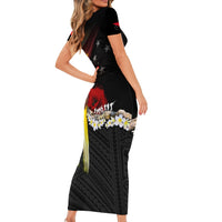 Papua New Guinea Remembrance Day Short Sleeve Bodycon Dress Bird of Paradise Plumeria Flower and Polynesian Pattern