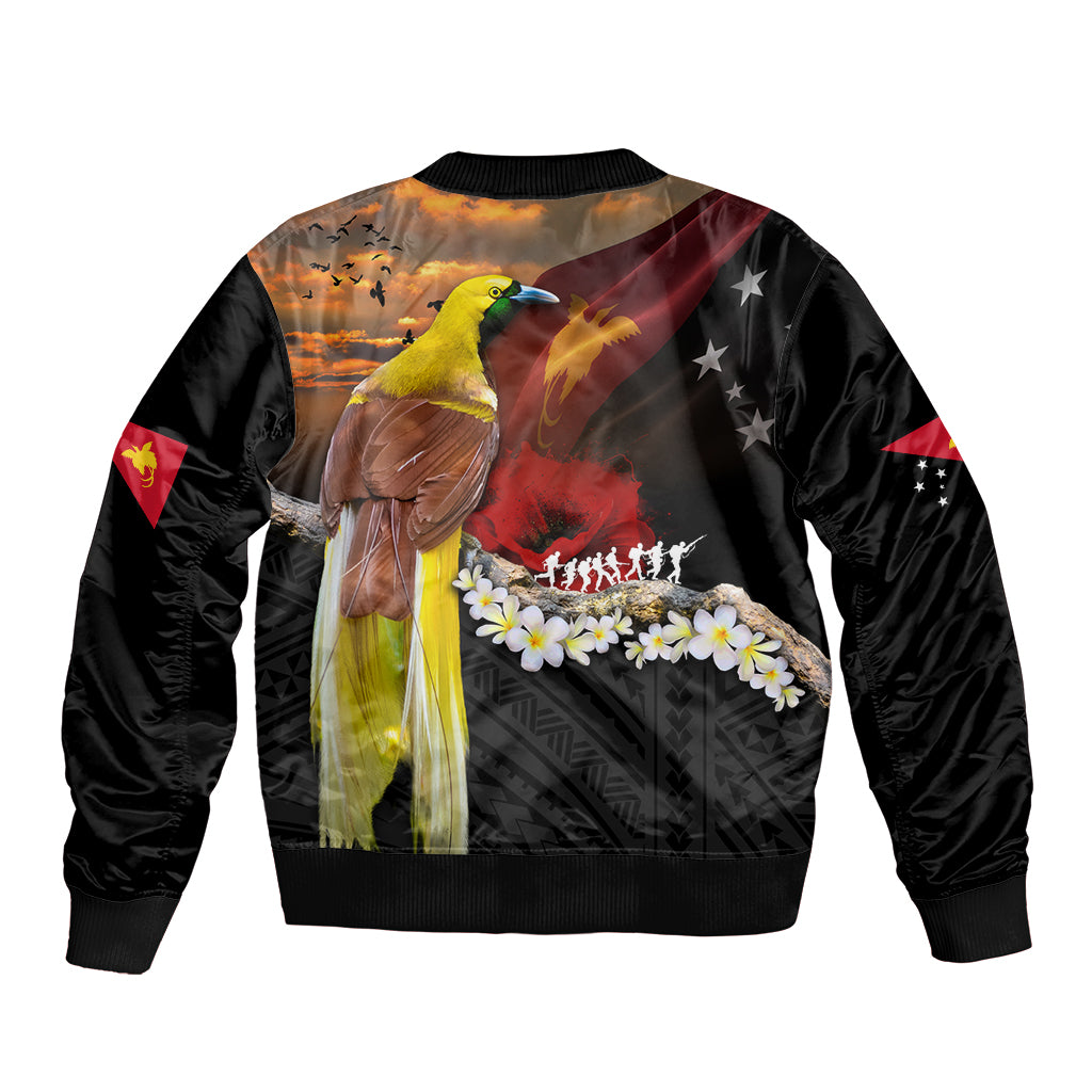Papua New Guinea Remembrance Day Sleeve Zip Bomber Jacket Bird of Paradise Plumeria Flower and Polynesian Pattern