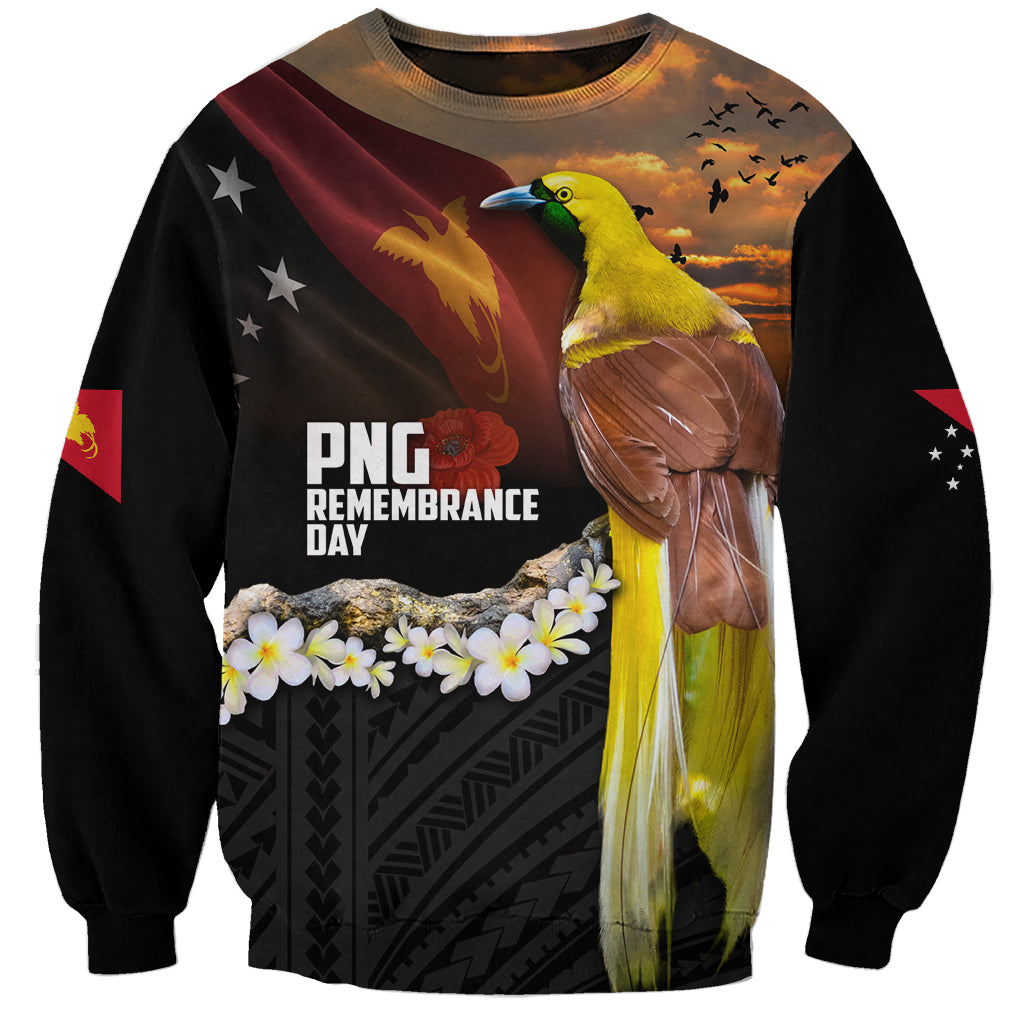 Papua New Guinea Remembrance Day Sweatshirt Bird of Paradise Plumeria Flower and Polynesian Pattern