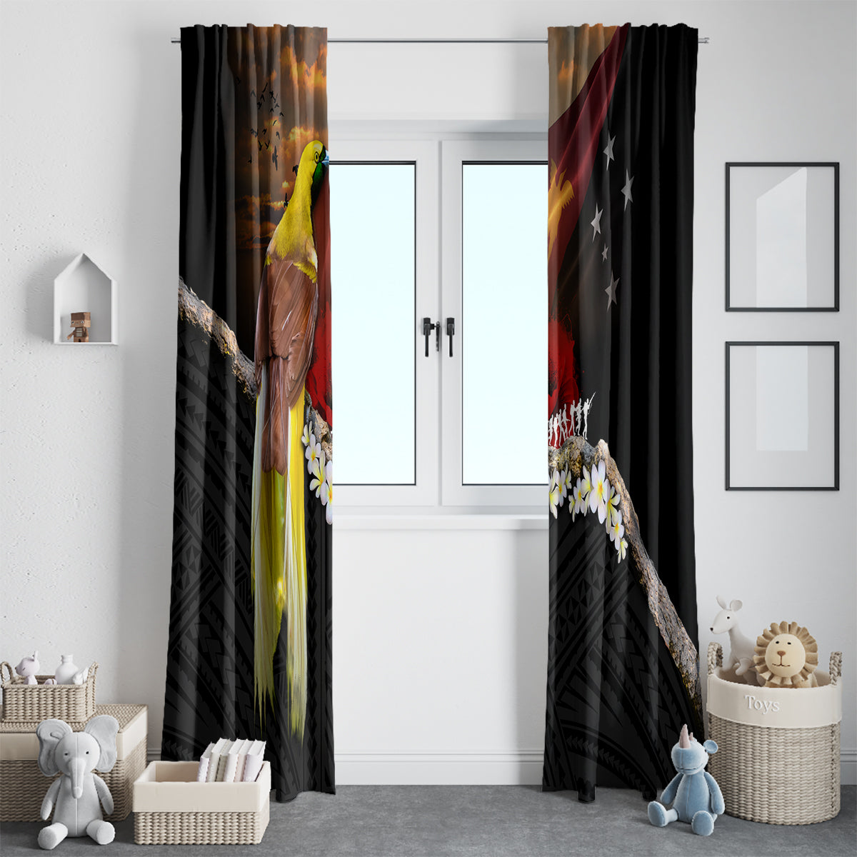 Papua New Guinea Remembrance Day Window Curtain Bird of Paradise Plumeria Flower and Polynesian Pattern