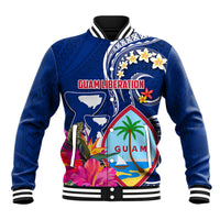 Personalised Guam Liberation Baseball Jacket Latte Stone and Guahan Seal Jungle Flower LT03 Unisex Blue - Polynesian Pride