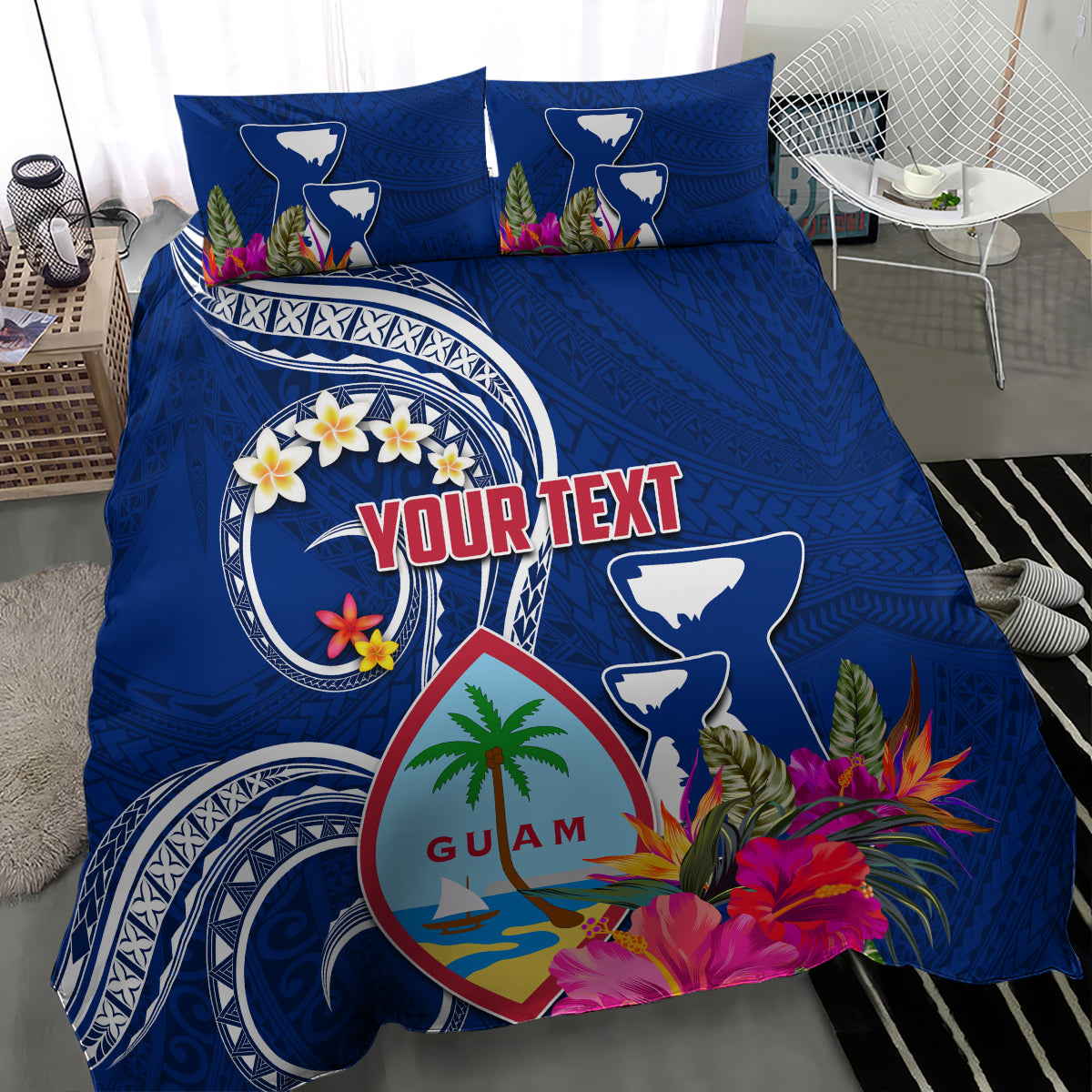 Personalised Guam Liberation Bedding Set Latte Stone and Guahan Seal Jungle Flower