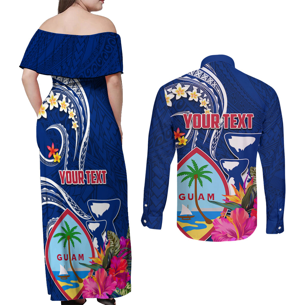 Guam Liberation Couples Matching Off Shoulder Maxi Dress and Long Sleeve Button Shirt Latte Stone and Guahan Seal Jungle Flower