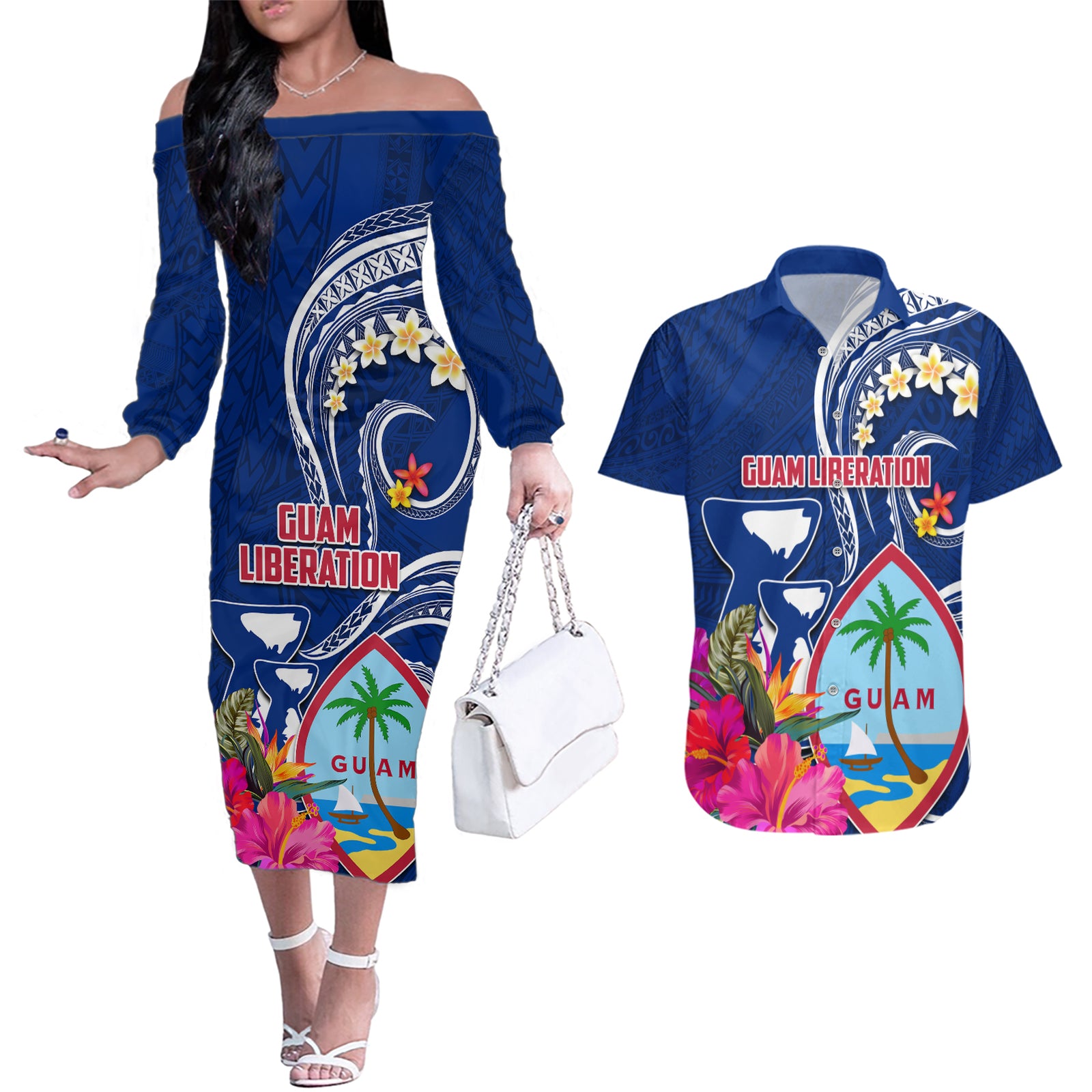 Guam Liberation Couples Matching Off The Shoulder Long Sleeve Dress and Hawaiian Shirt Latte Stone and Guahan Seal Jungle Flower