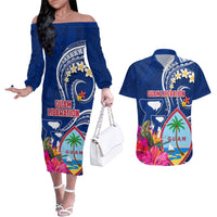 Guam Liberation Couples Matching Off The Shoulder Long Sleeve Dress and Hawaiian Shirt Latte Stone and Guahan Seal Jungle Flower