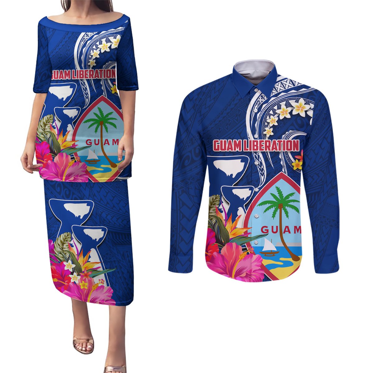 Guam Liberation Couples Matching Puletasi and Long Sleeve Button Shirt Latte Stone and Guahan Seal Jungle Flower