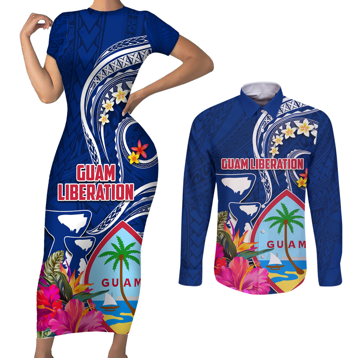 Guam Liberation Couples Matching Short Sleeve Bodycon Dress and Long Sleeve Button Shirt Latte Stone and Guahan Seal Jungle Flower