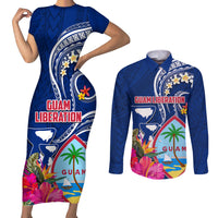 Guam Liberation Couples Matching Short Sleeve Bodycon Dress and Long Sleeve Button Shirt Latte Stone and Guahan Seal Jungle Flower