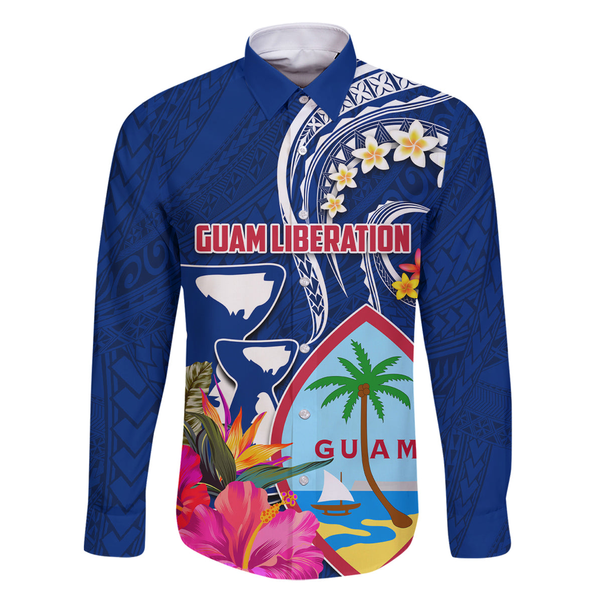 Guam Liberation Family Matching Off The Shoulder Long Sleeve Dress and Hawaiian Shirt Latte Stone and Guahan Seal Jungle Flower