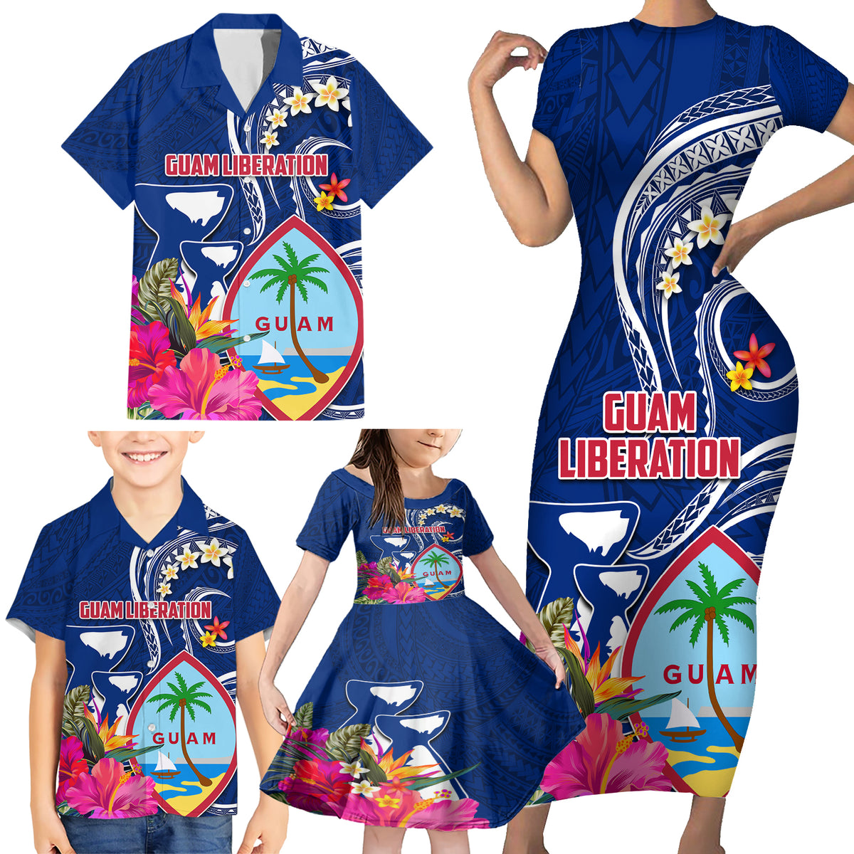 Guam Liberation Family Matching Short Sleeve Bodycon Dress and Hawaiian Shirt Latte Stone and Guahan Seal Jungle Flower