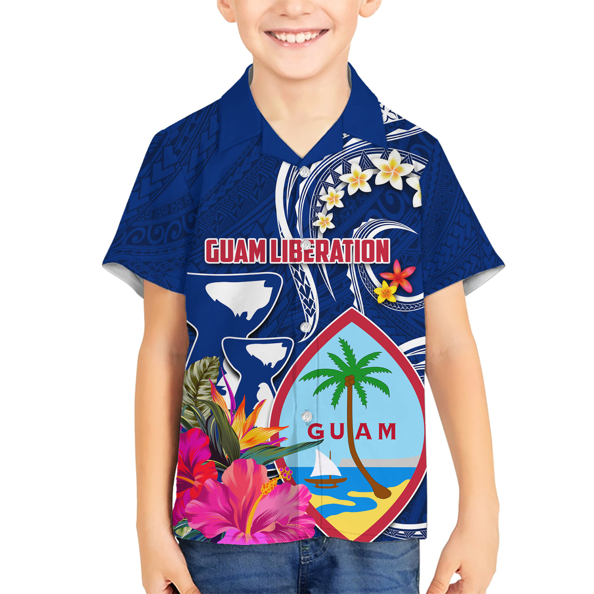 Personalised Guam Liberation Kid Hawaiian Shirt Latte Stone and Guahan Seal Jungle Flower LT03 Kid Blue - Polynesian Pride