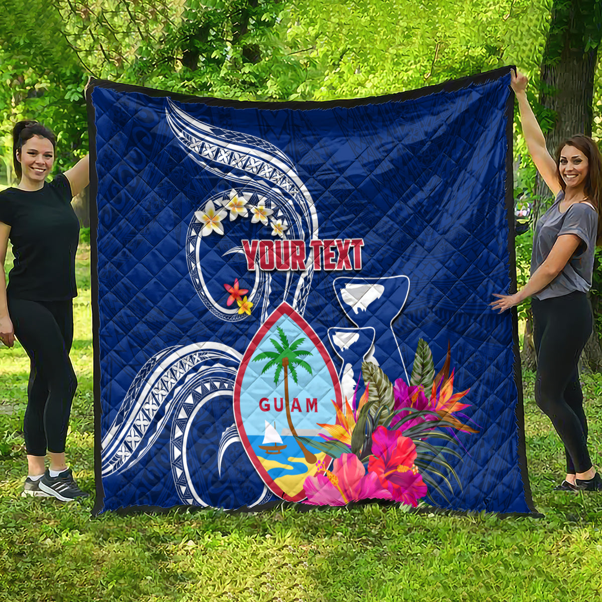 Personalised Guam Liberation Quilt Latte Stone and Guahan Seal Jungle Flower LT03 - Polynesian Pride