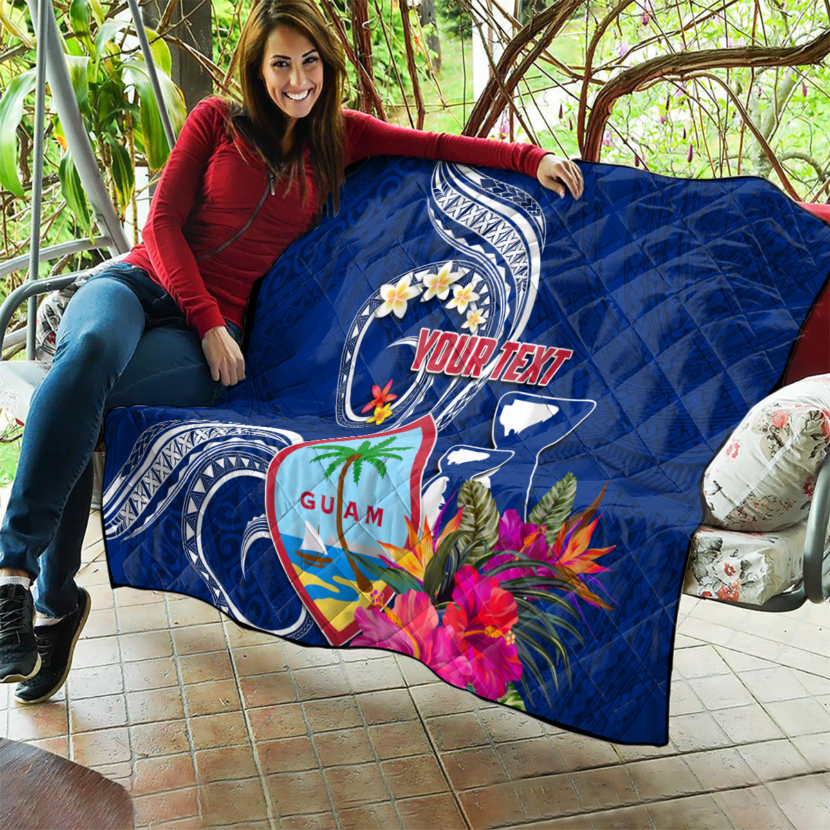 Personalised Guam Liberation Quilt Latte Stone and Guahan Seal Jungle Flower LT03 - Polynesian Pride