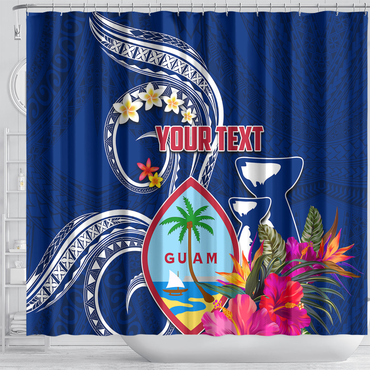 Personalised Guam Liberation Shower Curtain Latte Stone and Guahan Seal Jungle Flower
