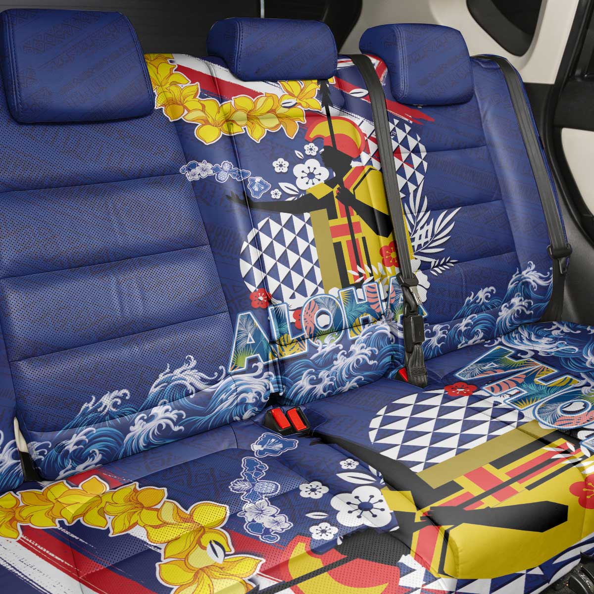 Hawaii King Kamehameha Day Back Car Seat Cover Lei Sea Waves Polynesian Tapa Pattern