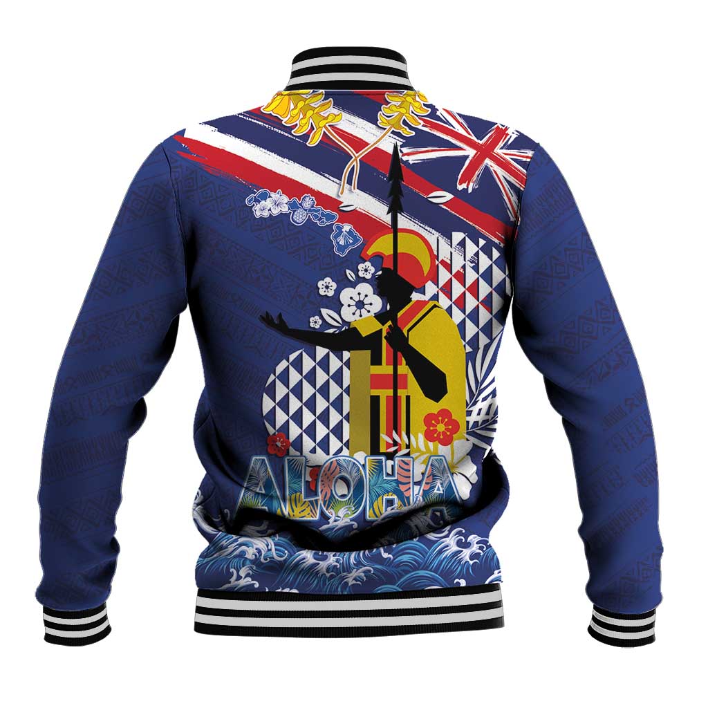 Hawaii King Kamehameha Day Baseball Jacket Lei Sea Waves Polynesian Tapa Pattern