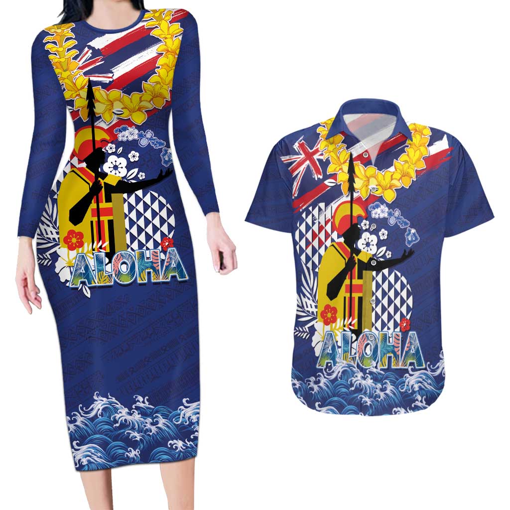Hawaii King Kamehameha Day Couples Matching Long Sleeve Bodycon Dress and Hawaiian Shirt Lei Sea Waves Polynesian Tapa Pattern