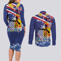 Hawaii King Kamehameha Day Couples Matching Long Sleeve Bodycon Dress and Long Sleeve Button Shirt Lei Sea Waves Polynesian Tapa Pattern